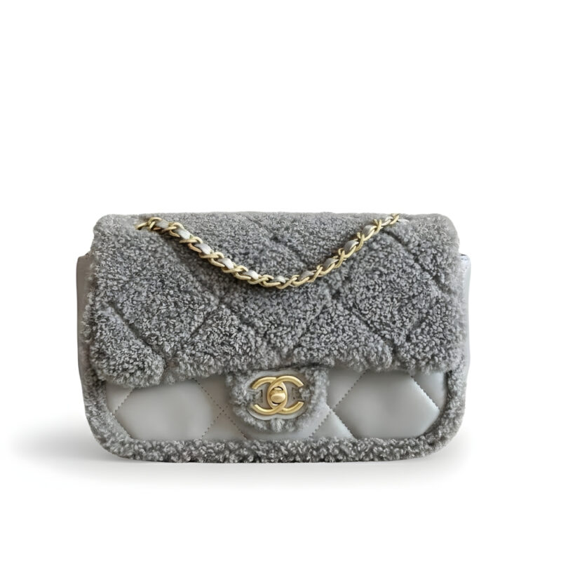 Chanel Flap Bag Teddy Shearling And Gold Tone Metal Grey 25Cm