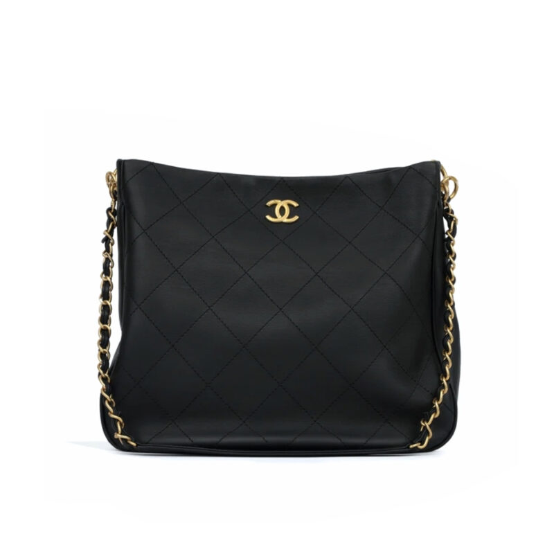 Chanel Quilted Hobo Shoulder Bag Black Brushed Gold Hardware 33Cm