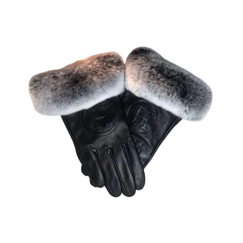 Hermes Rabbit Fur Black Leather Gloves