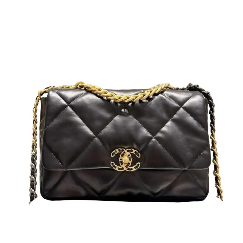 Chanel 19 Flap Bag Shiny Gold And Silver Tone Black 30Cm