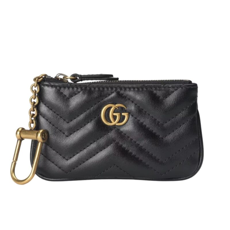 Gucci Gg Marmont Key Case Chevron Matelasse Leather Wallet Black 12.5Cm