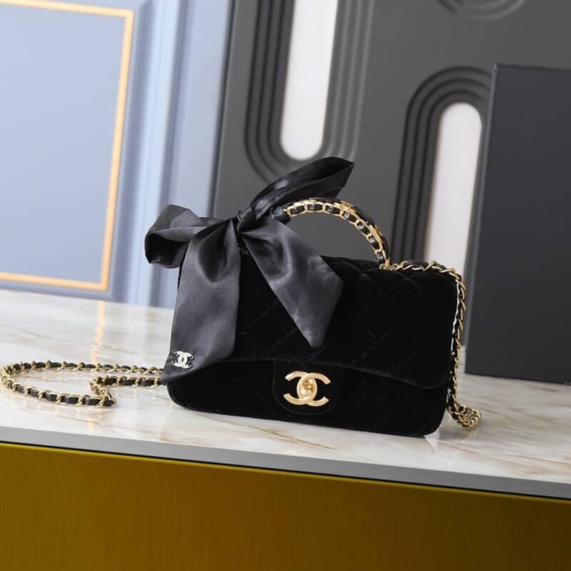 Alternative view of Chanel Mini Flap Bag With Top Handle Velvet Silk And Gold Tone Metal Black 20Cm As5875 B22481 94305