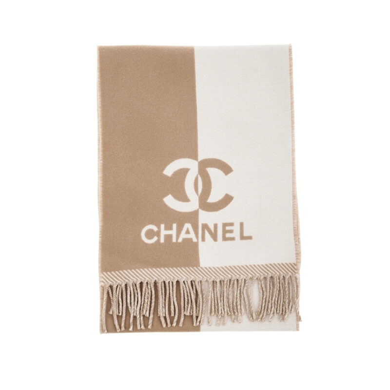 Chanel 24A Half Color Wool Scarf Beige 180Cm