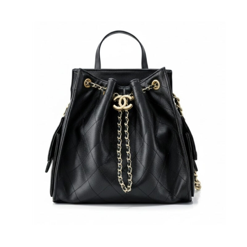 Chanel 25 Medium Size Backpack Grain Effect And Gold Metal Black 23Cm As5600 B20304 94305