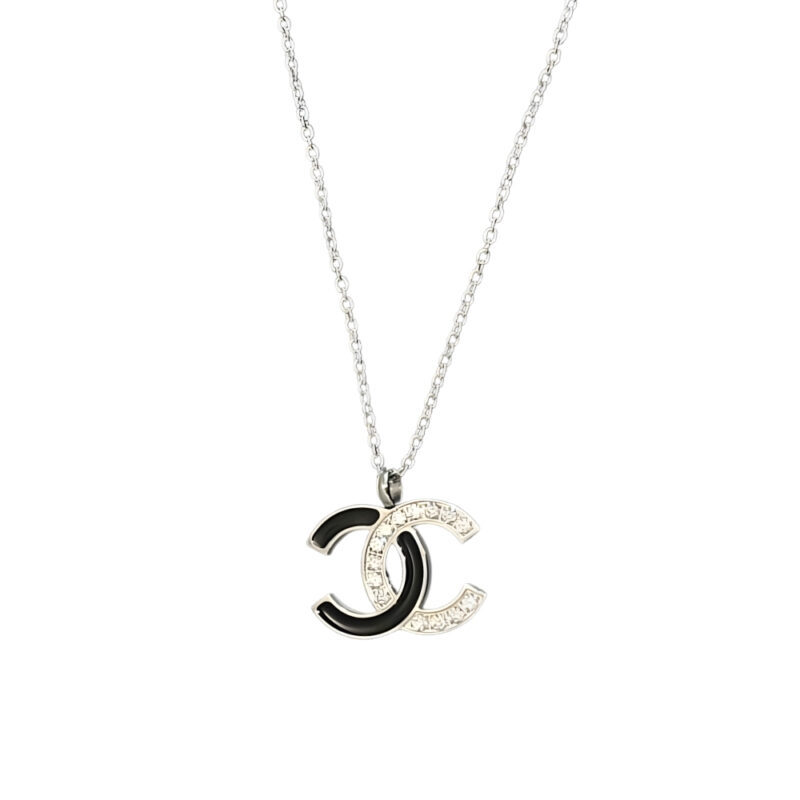 Chanel Cc Logo Pendant Necklace White Stones And Black Enamel Silver