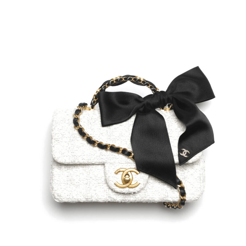 Chanel Mini Flap Bag With Top Handle Velvet Silk And Gold Tone Metal White 20Cm As5875 B22482 Mb103