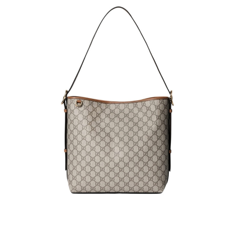Gucci GG Emblem Medium Bucket Bag Beige And Dark Brown Fabric 31Cm 815103 FAD6L 9758