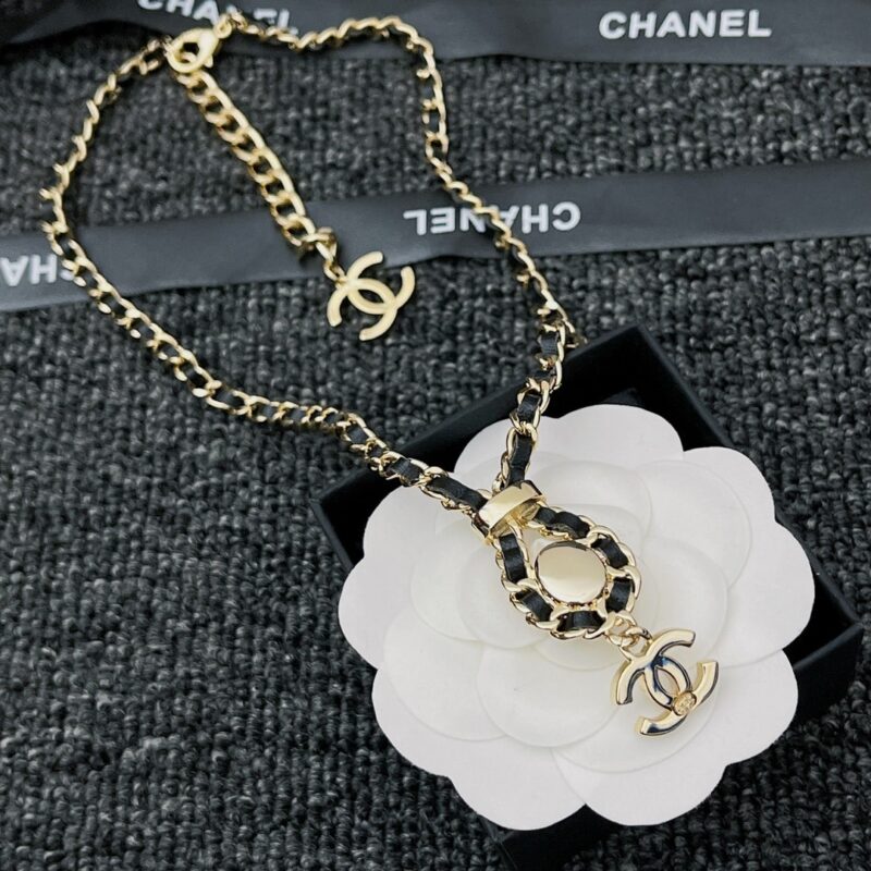 Alternative view of Chanel CC Necklace Leather Chain Pearl Crystal Drop Choker Gold Tone Black