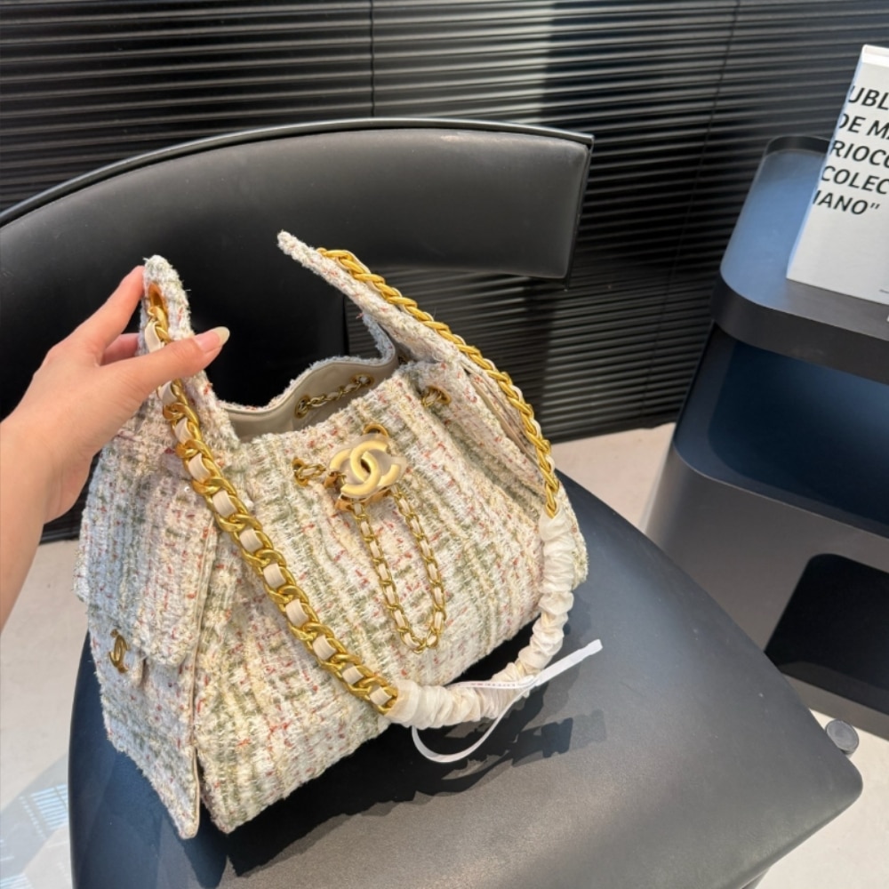 Chanel 25 Small Handbag Tweed And Gold Tone Metal Khaki 26Cm As5293 B21178 Nr774 - Image 3