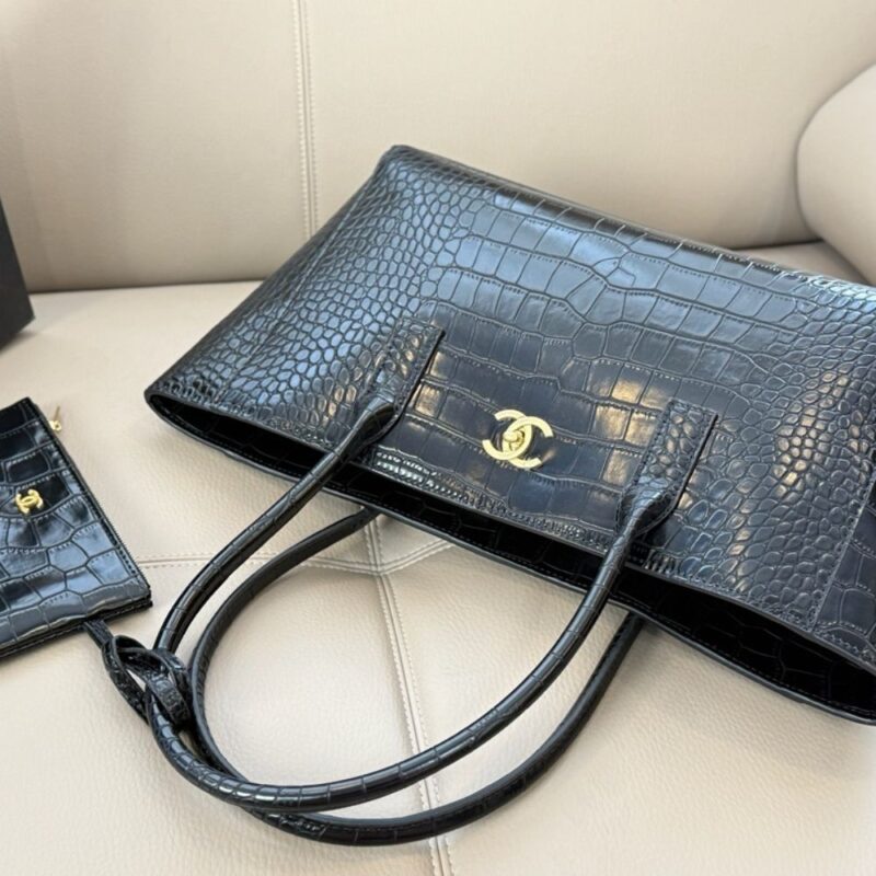 Alternative view of Chanel Large Embossed Tote Bag Black With Gold CC And Pouch 35Cm