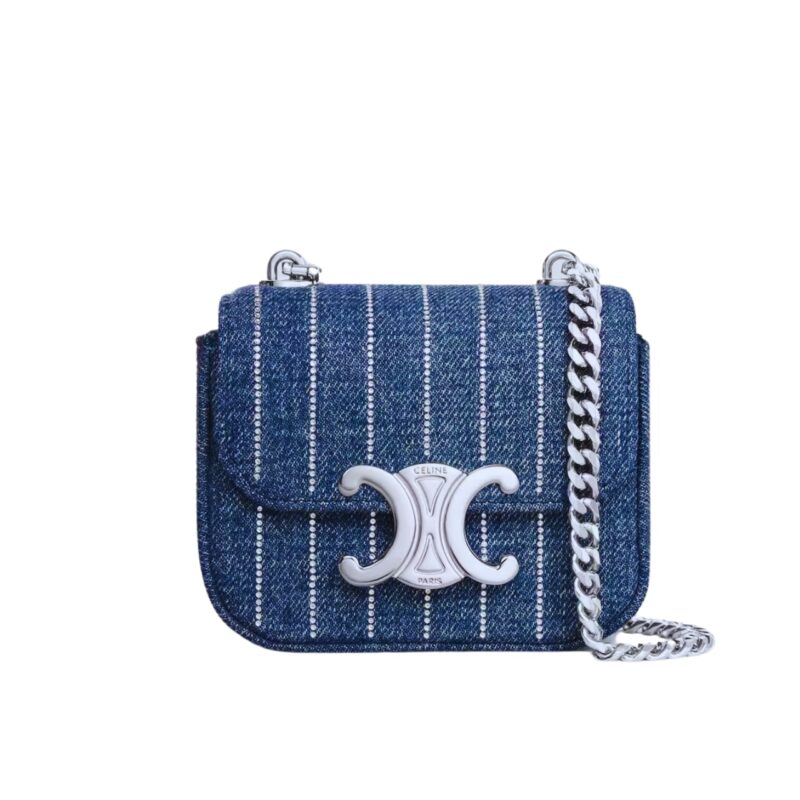 Celine Mini Chain Claude In Striped Denim With Strass Blue 12Cm 10L842Ggj 07Dd