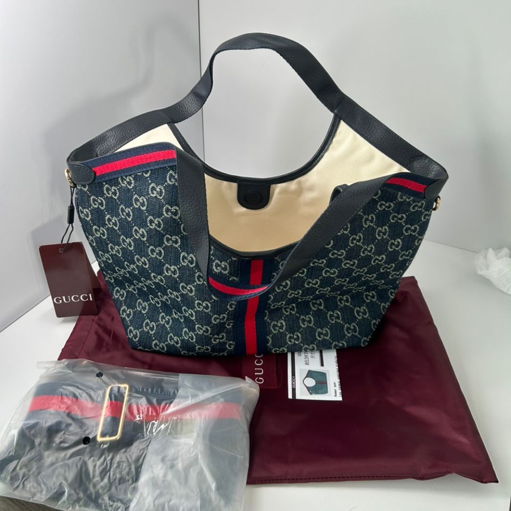 Gucci Giglio Small Tote Bag Blue And White Gg Denim 25Cm 860845 Fafrw 8864 - Image 3