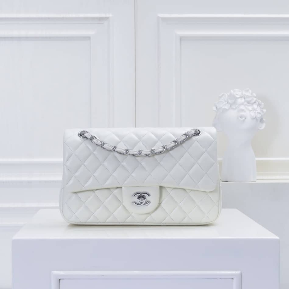 Chanel Classic Double Flap Bag White Silver Hardware 25Cm - Image 2