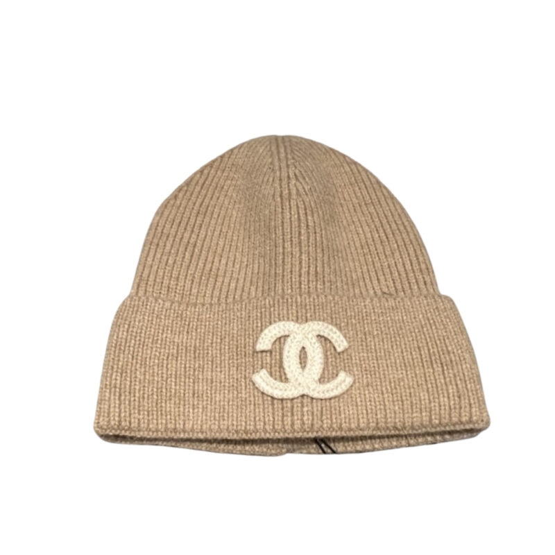 Chanel White Cc Wool Beanie Beige