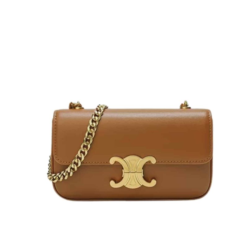 Celine Chain Triomphe In Shiny Shoulder Bag Silver Golden Brown 20Cm