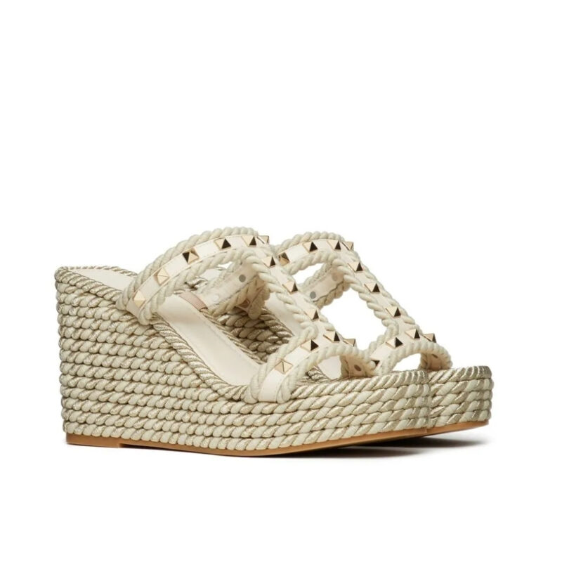 Valentino Rockstud Laminated Nappa Wedge Sandal Natural 4W2S0Gi5Dym Ybs