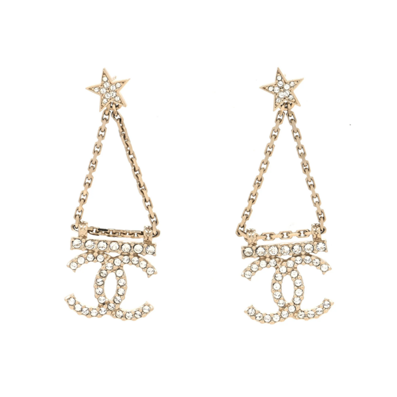 Chanel Star Crystal Chain Bar Stud Drop Earrings Ab8068 B07810 Nh432