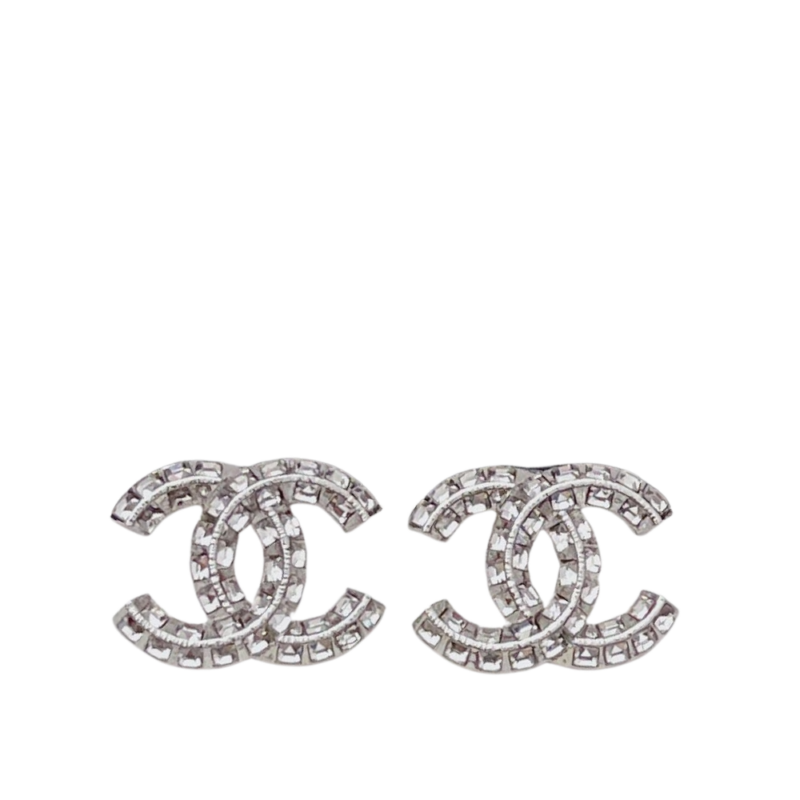Chanel Cc Crystal Stud Earrings Metal Silver