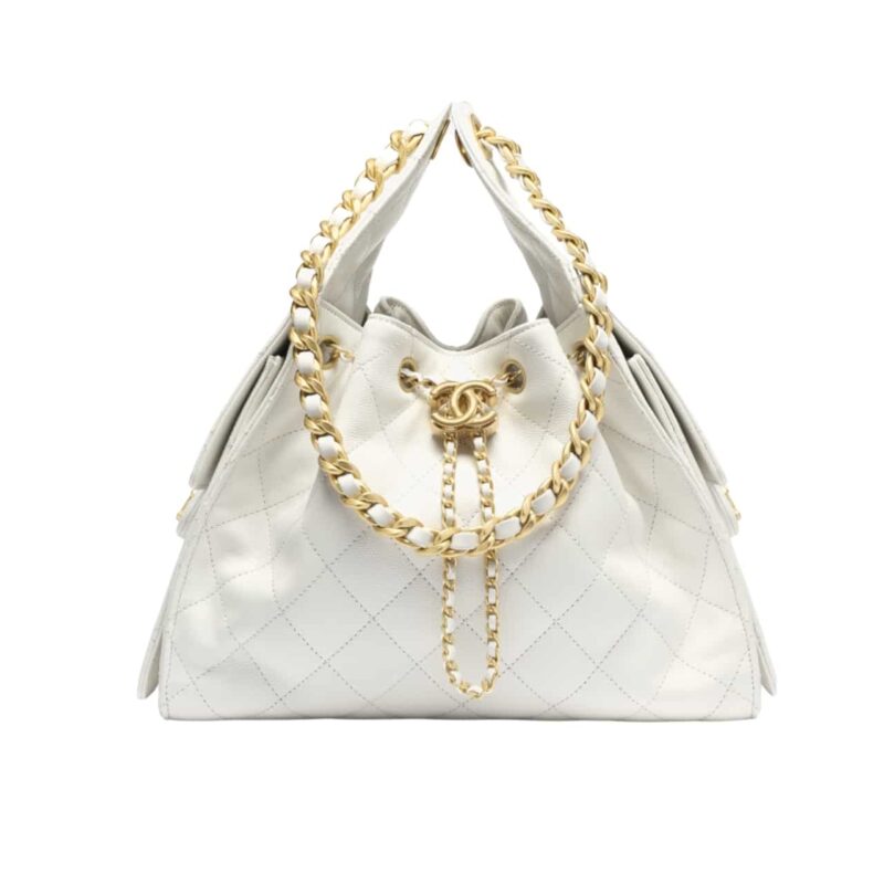 Chanel 25 Medium Handbag Shiny And Gold Tone Metal White 34Cm As5293 B20304 10601