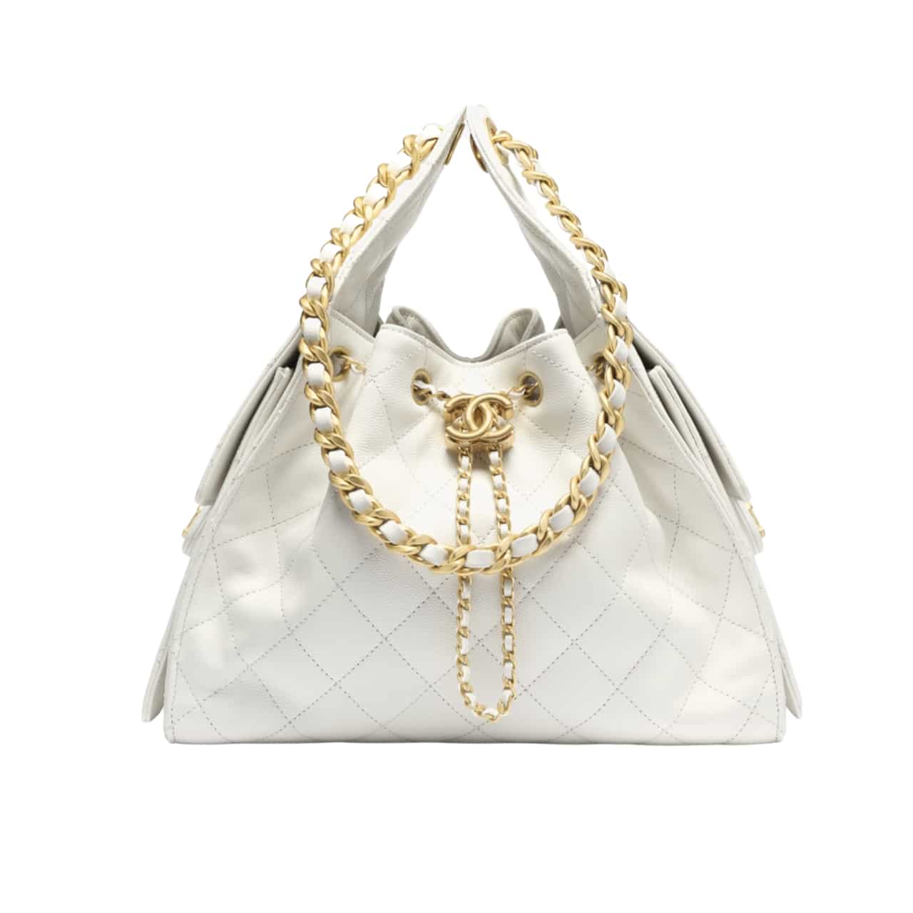 Chanel 25 Medium Handbag Shiny And Gold Tone Metal White 34Cm As5293 B20304 10601