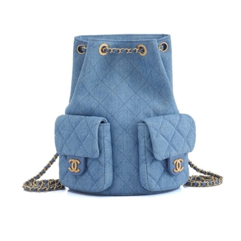 Chanel 25C Gold Tone Metal Denim Backpack Blue 24Cm