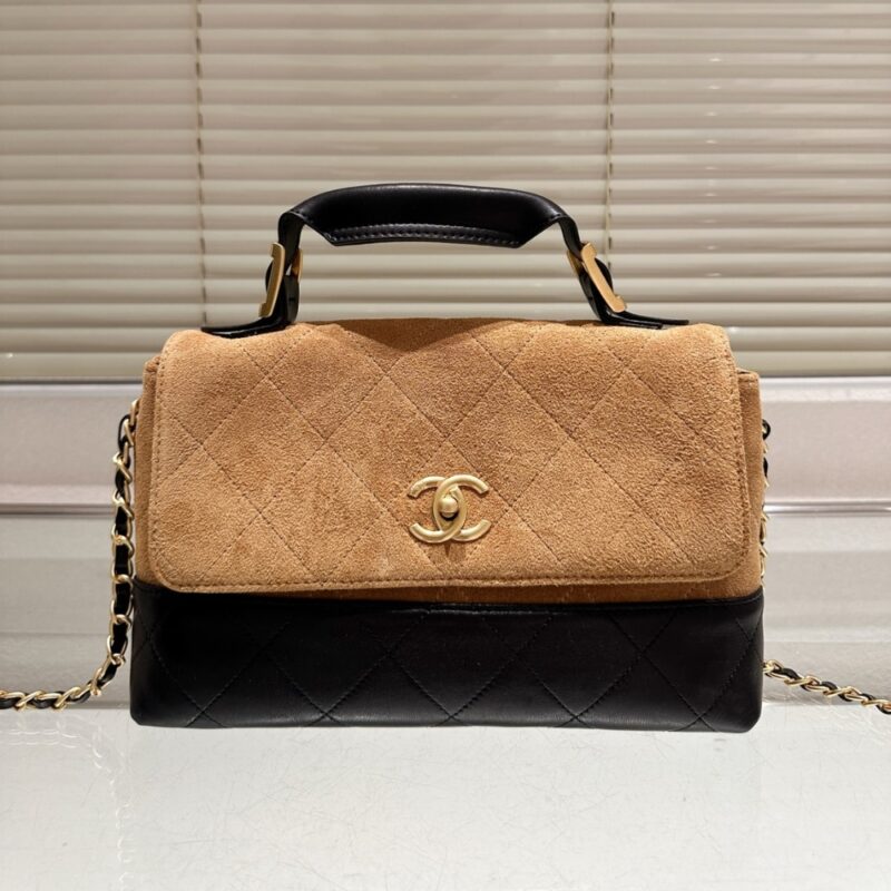 Alternative view of Chanel Large Flap Bag With Top Handle Shiny And Gold Tone Metal Brown Black 29Cm AS5637 B20827 U1536