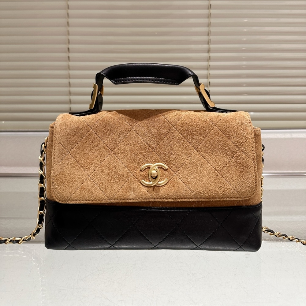 Chanel Large Flap Bag With Top Handle Shiny And Gold Tone Metal Brown Black 29Cm AS5637 B20827 U1536 - Image 2