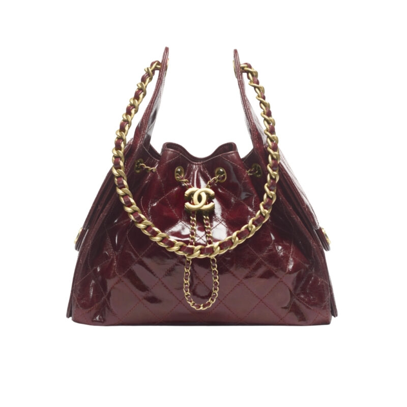 Chanel 25 Small Handbag Shiny Crumpled And Gold Tone Metal Burgundy 26cm AS5293 B23553 U8095