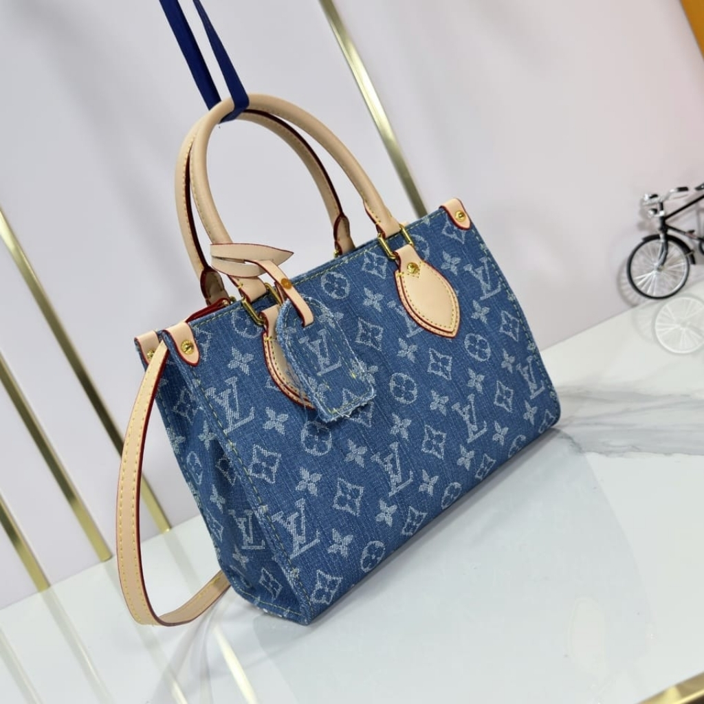 Louis Vuitton Onthego Lv Monogram Denim Tote Bag Light Blue 25Cm - Image 3
