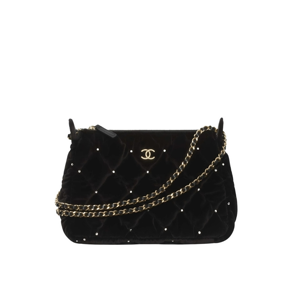 Chanel Velvet Crystal Quilted Chain Hobo Bag In Black 22Cm AP4861 B17652 93405
