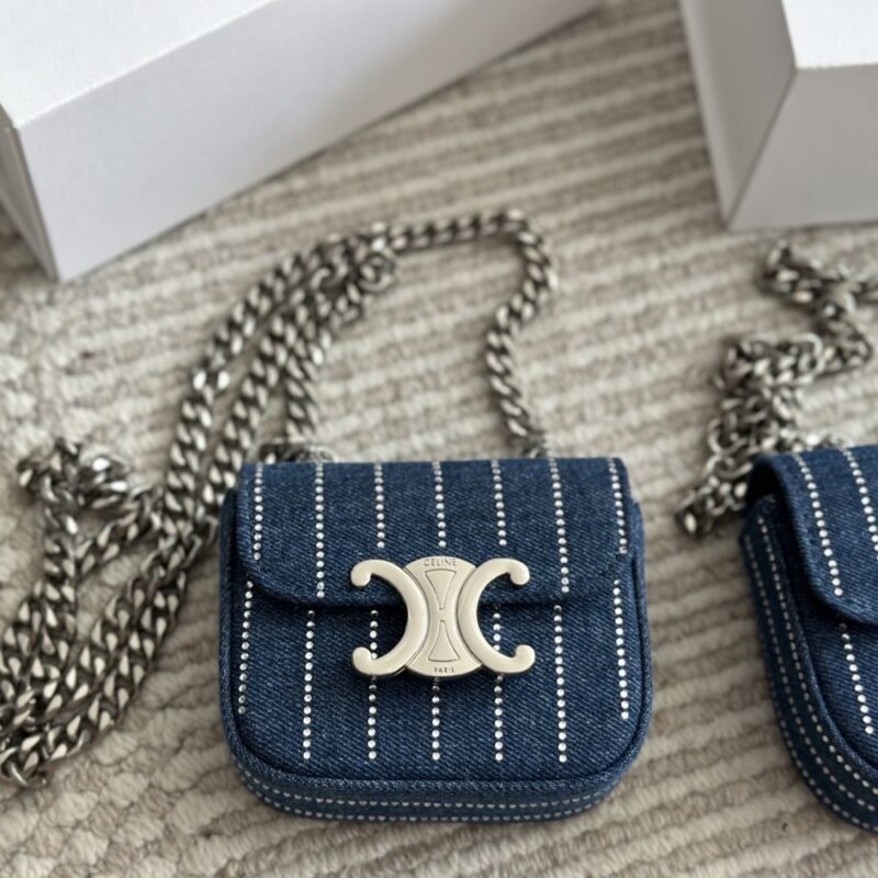 Alternative view of Celine Mini Chain Claude In Striped Denim With Strass Blue 12Cm 10L842Ggj 07Dd