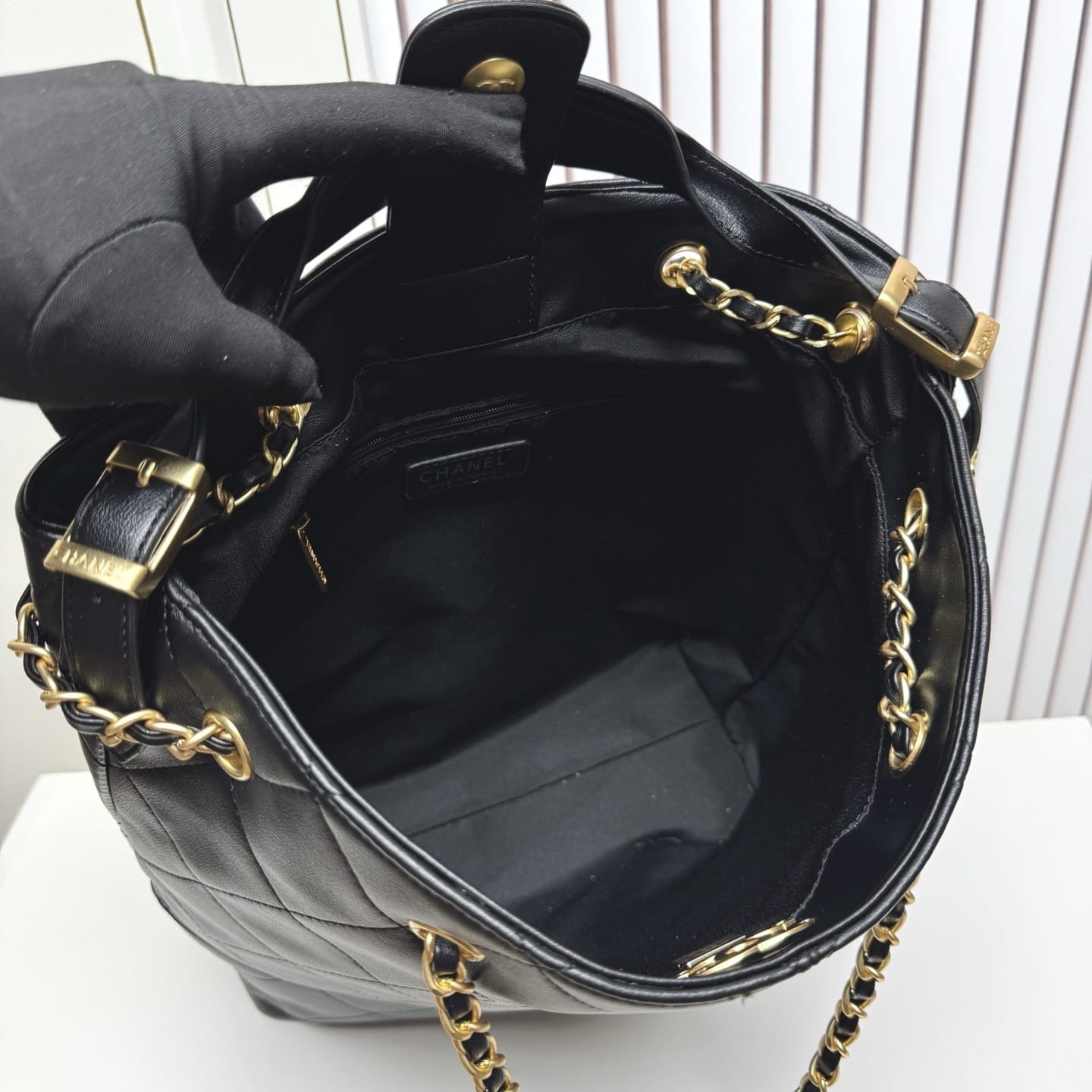 Chanel Shopping Bag Gold Tone Metal Black 33Cm AS5635 B20829 94305 - Image 10