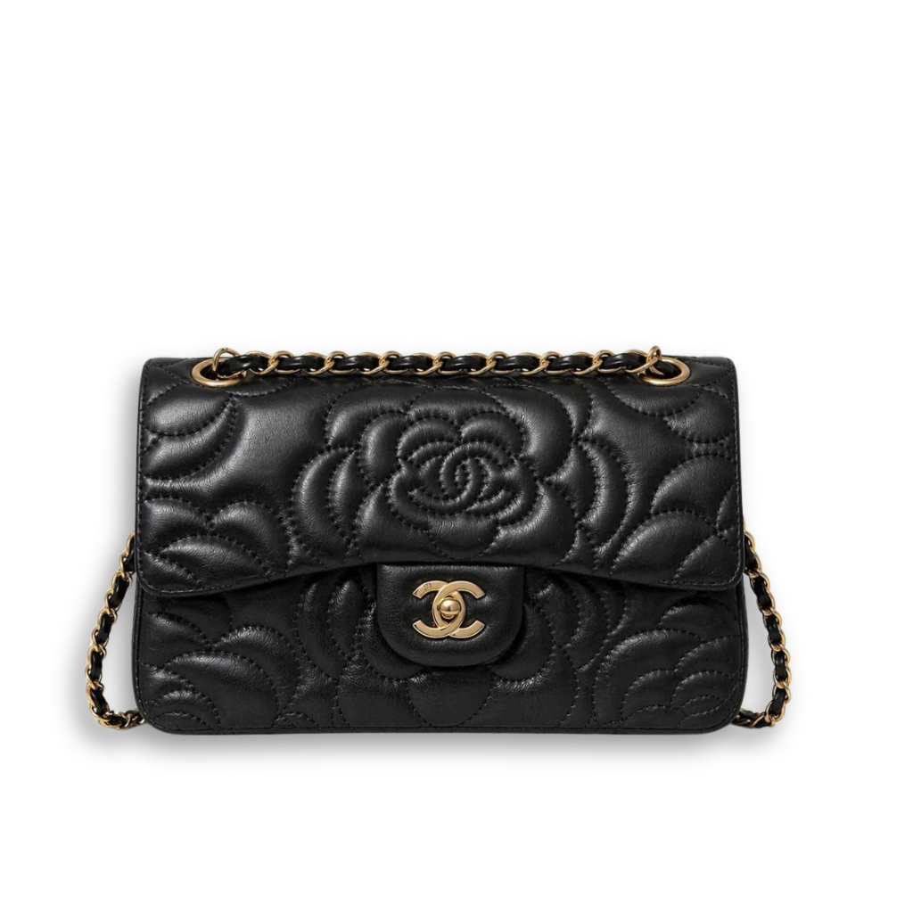 Chanel Flap Bag With Camellia Flower Chain Black 26Cm