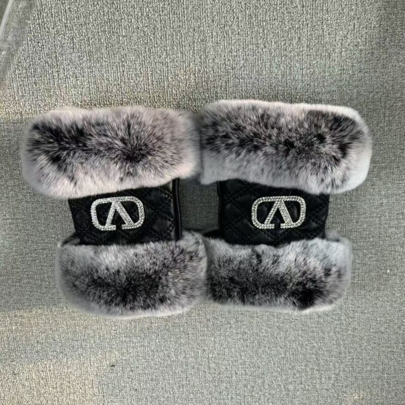 Alternative view of Valentino Garavani Vlogo Signature Fingerless Black Gloves With Fur Trim
