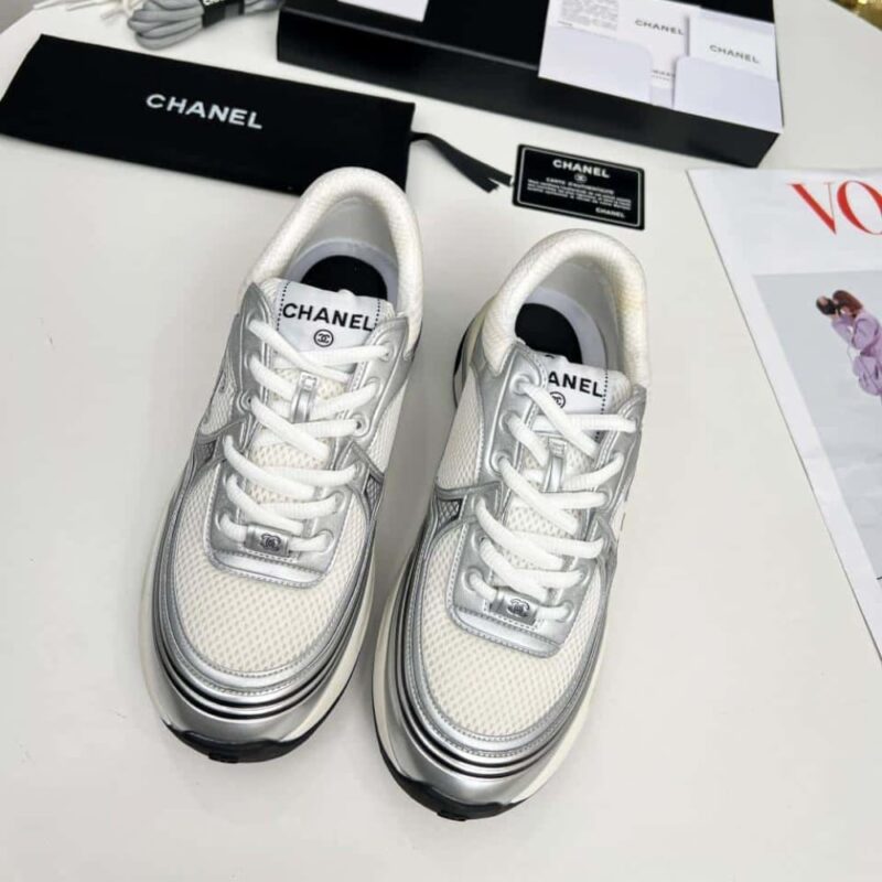Alternative view of Chanel 23C Silver Metallic Cc Logo Lace Up Flat Runner Trainer Sneaker White And Silver G39792 Y56368 K5451