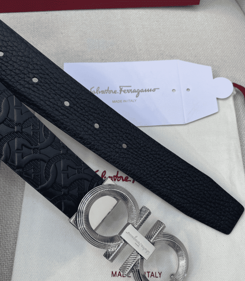 Alternative view of Salvatore Ferragamo Gancini Black Leather Belt With Silver Metal Buckle