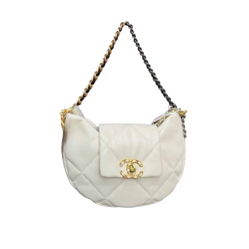 Chanel 19 Hobo Bag Mixed Metal Hardware White 28Cm