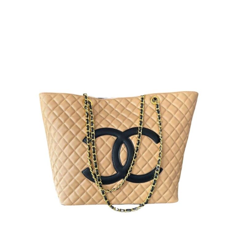 Chanel Cc Shopping Bag With Chain Leather Beige 32Cm