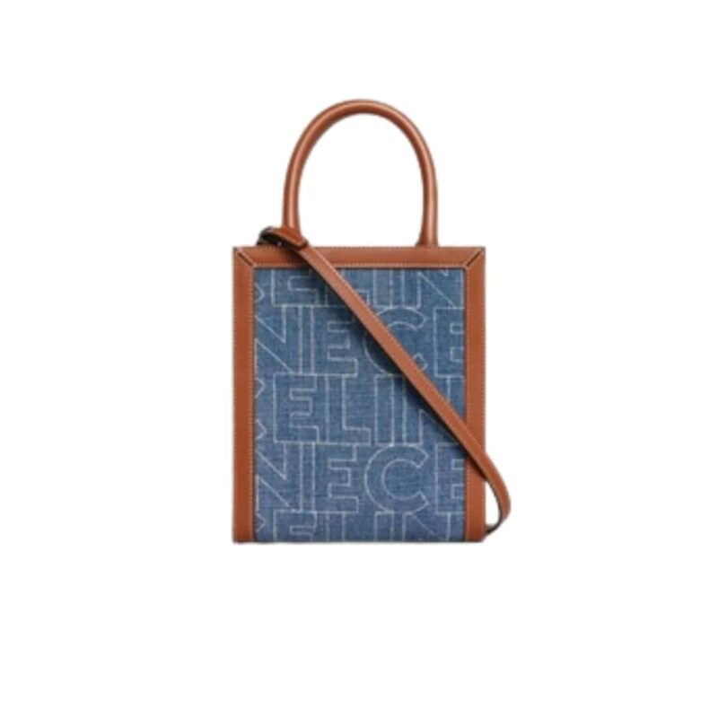 Celine Mini Vertical Cabas Celine In Denim With Celine All Over Print Navy Tan 21Cm 193302Eul 07At