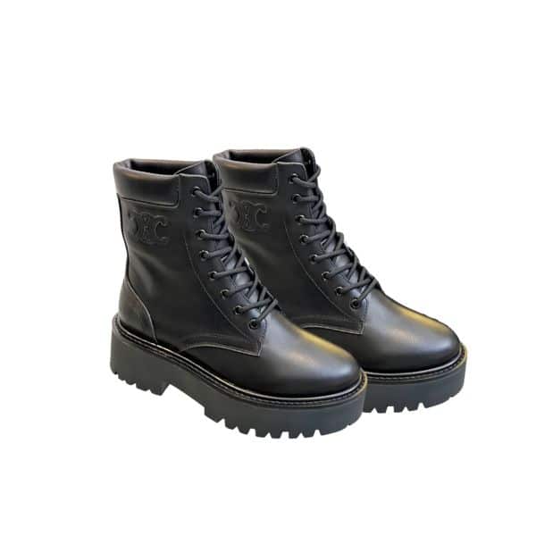Celine Lace Up Boot With Triomphe Celine Bulky In Calfskin Black