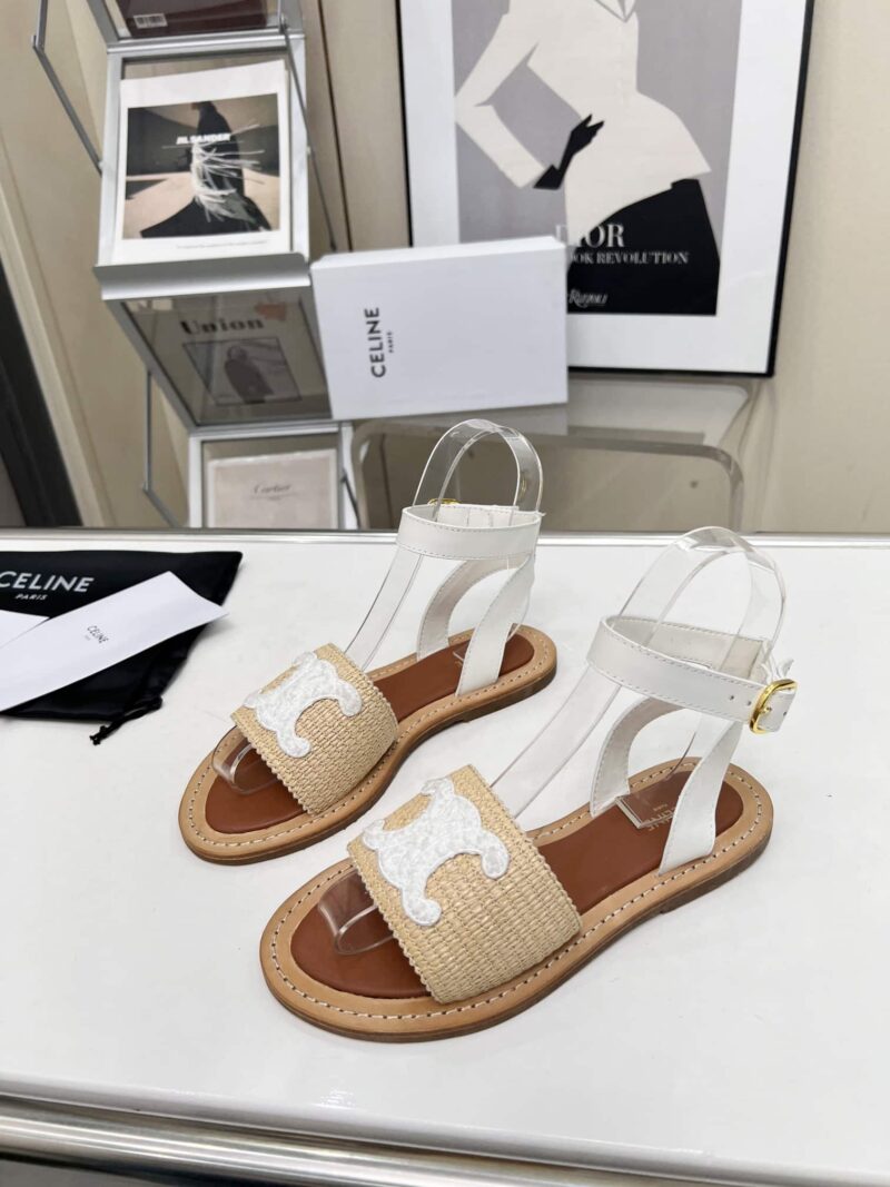 Alternative view of Celine Lympia Flat Strap Sandal In Raffia Calfskin Beige White 352402248C 02Gh