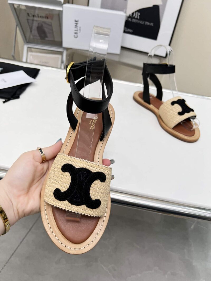 Alternative view of Celine Lympia Flat Strap Sandal In Raffia Calfskin Beige Black 352402248C 02Bl