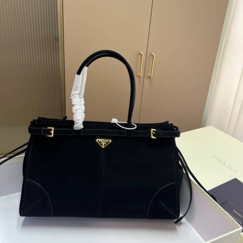 Alternative view of Prada Bonnie Large Suede Handbag Black 38Cm 1Ba433 2C4S F0308 V Moo