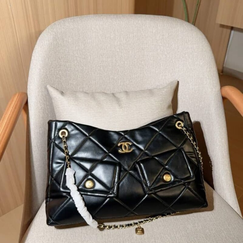 Alternative view of Chanel Shopping Bag Gold Tone Metal Black 38Cm As5740 B22139 94305