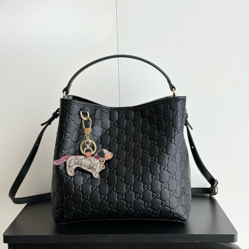 Alternative view of Gucci GG Emblem Small Bucket Bag Black Leather 25Cm 815118 AAFDV 1000