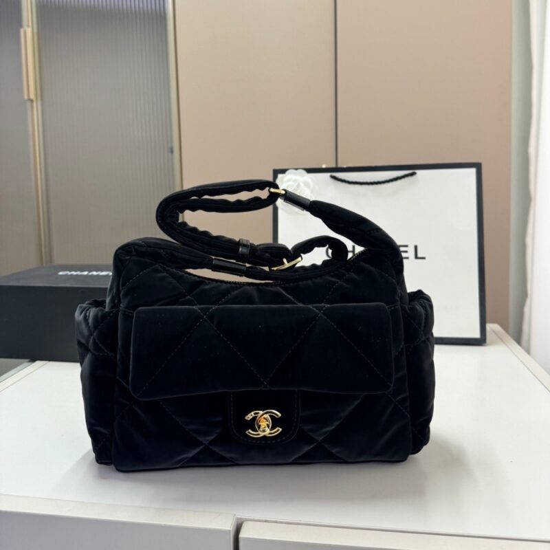 Alternative view of Chanel Large Bowling Bag Velvet Effect Nylon Gold Tone Metal In Black 27Cm AS5054 B21379 94305