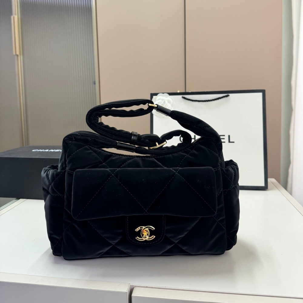 Chanel Large Bowling Bag Velvet Effect Nylon Gold Tone Metal In Black 27Cm AS5054 B21379 94305 - Image 2