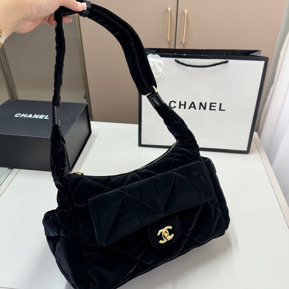 Chanel Large Bowling Bag Velvet Effect Nylon Gold Tone Metal In Black 27Cm AS5054 B21379 94305 - Image 3