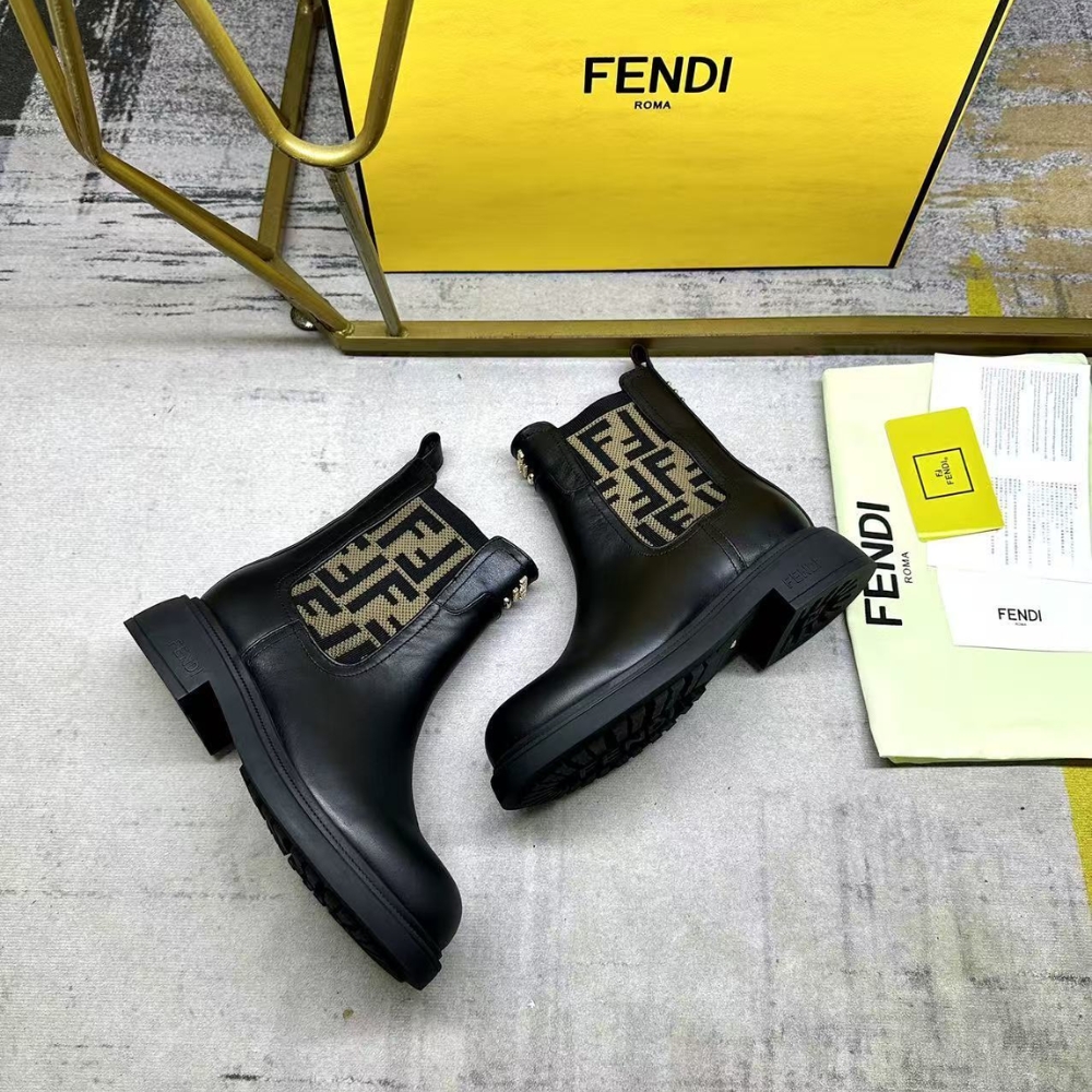 Fendi Filo Boots Black Leather And Ff Fabric Biker Boots 8T8576A379F1Tog - Image 5