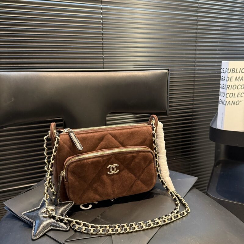 Alternative view of Chanel Clutch With Strap Velvet Effect Nylon Glossy Wrinkled And Gold Metallic Brown 20Cm